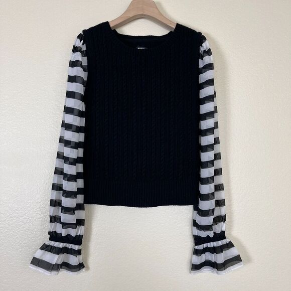 Maeve Women's Size S Black Contrast Sheer Sleeve Cable Knit Striped Sweater Goth - Picture 9 of 16